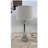 Image 4 : Pair of Modern Table Lamps, Chrome Column and Olive Green Glass Sphere With Fabric Shades