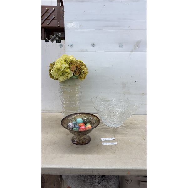 Footed Glass Bowl With Decorative Stone Eggs, Spiral Vase With Hydrangeas