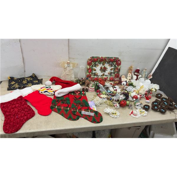 Assorted Christmas Decor: Stockings, Santa Hat, Angel Tree Topper, Ornaments, Tray, Flower Candles