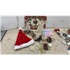 Image 3 : Assorted Christmas Decor: Stockings, Santa Hat, Angel Tree Topper, Ornaments, Tray, Flower Candles