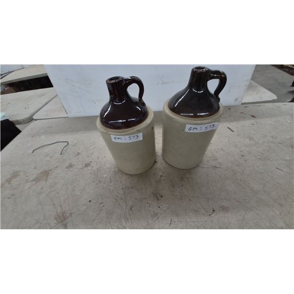 Pair of Antique Two-Tone Stoneware Whiskey Jugs with Albany Slip Glazed Tops