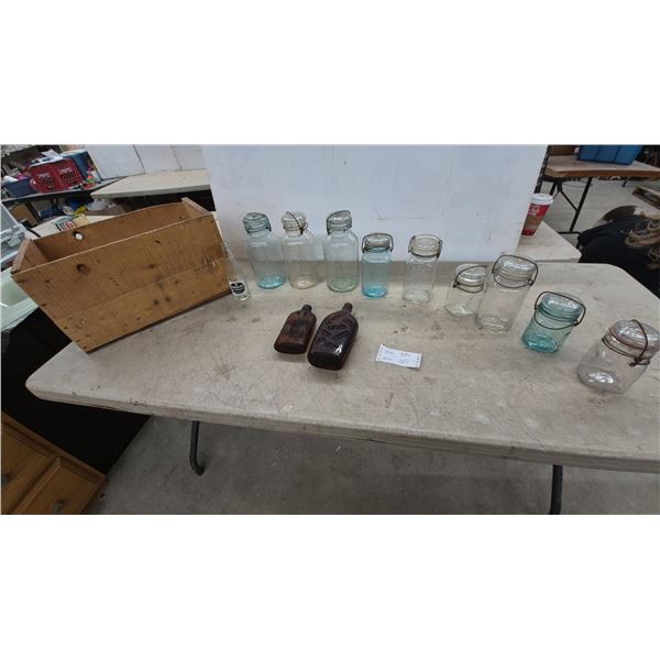 Antique Mason Jars, Wooden Fruit Crate, Mission Beverages Bottle, Adams Express Amber Bottles
