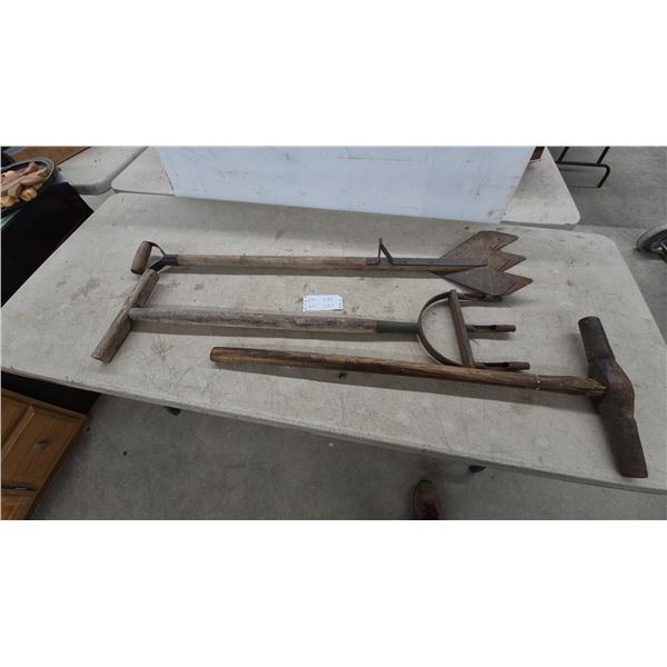 Vintage Hand Tamper, Three-Prong Cultivator, Hay Knife and Railway Spike Driver