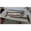 Image 1 : Vintage Hand Tamper, Three-Prong Cultivator, Hay Knife and Railway Spike Driver