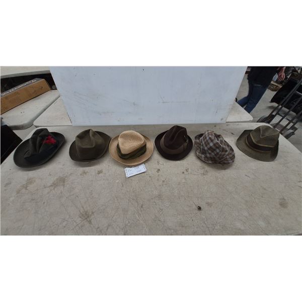 Collection of Six Assorted Men's Hats Including Felt Fedoras, Straw and Plaid Styles