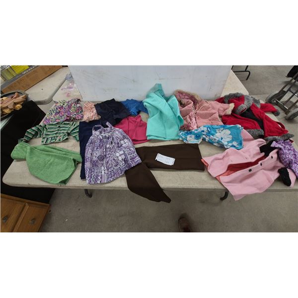 Assortment of Children's and Doll Clothing Including Jackets, Dresses, Pants