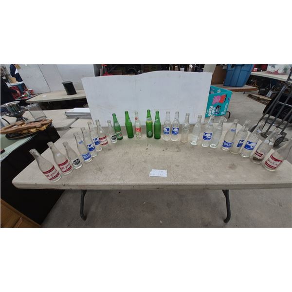 24 Vintage Soda Bottles: Sun Crest, Mission, Stubby, Wynola, Fresca, Sprite, Mountain Dew