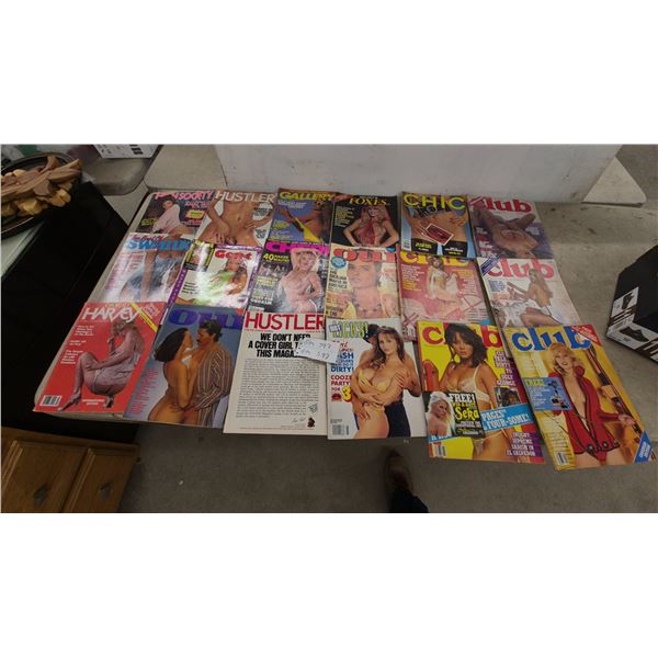Collection of 19 Vintage Adult Magazines Including Hustler, Club, Chic, Gallery, Cheri, Oui