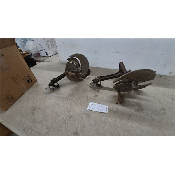Two Vintage Sterling No. 10 Cast Iron Hand-Crank Rotary Slicers with Wooden Handles