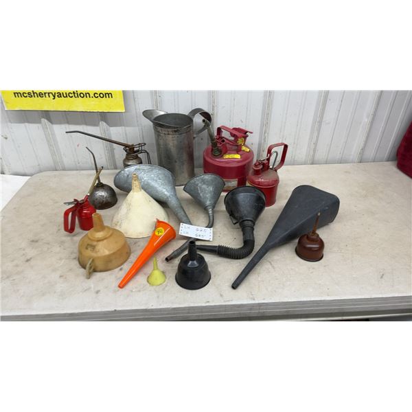2 Justrite Safety Cans, 4 Oil Cans, 6 Funnels and Metal Pitcher