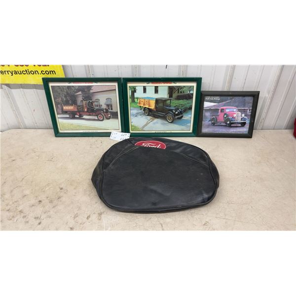 3 Framed Photos of Pre-war Trucks and Ford Tractor Seat Cover