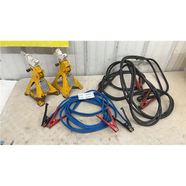 2 Wilmar W41022 6,000 Lb Jack Stands and Blue and Black Jumper Cables