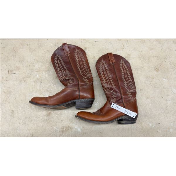 Pair of Brown Leather Cowboy Boots with Decorative Stitching, Sole Measures 10”
