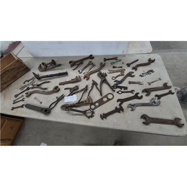 Large Assortment of Antique Wrenches, Pliers, Saw Set Tool, Pipe Wrenches and More in Crate