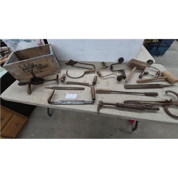 Antique Woodworking and Farm Tool Lot: Brace Drills, Mallets, Drawknife, Sickle, Crate