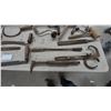 Image 2 : Antique Woodworking and Farm Tool Lot: Brace Drills, Mallets, Drawknife, Sickle, Crate