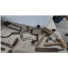 Image 4 : Antique Woodworking and Farm Tool Lot: Brace Drills, Mallets, Drawknife, Sickle, Crate