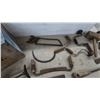 Image 5 : Antique Woodworking and Farm Tool Lot: Brace Drills, Mallets, Drawknife, Sickle, Crate