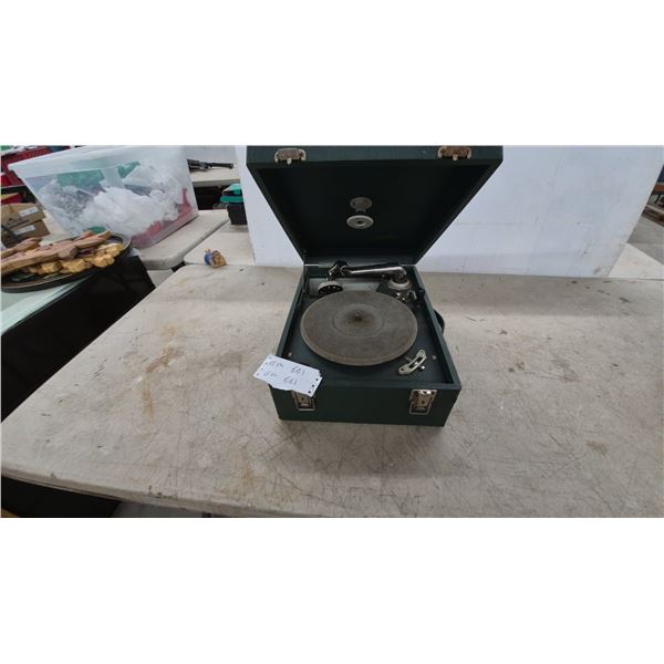 Vintage 1920s-1930s Portable Wind-Up Gramophone with Green Carrying Case, 78 RPM