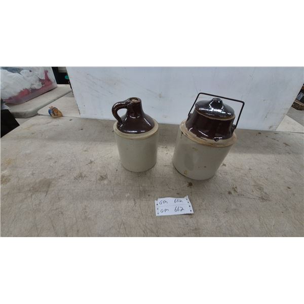 Antique Two-Tone Glazed Stoneware Jug with Handle and Crock with Lid and Wire Bail Handle