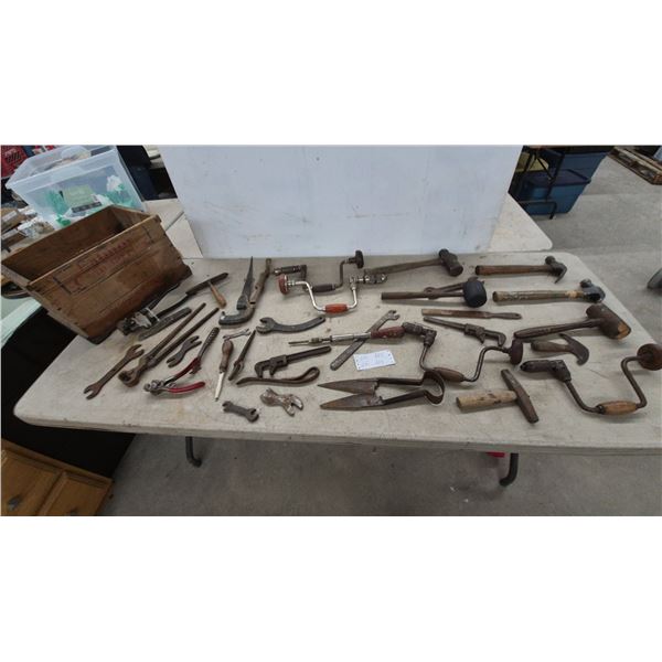 Vintage Eatmor Cranberries Wooden Crate with Antique Hand Tools, Brace Drills, Hammers