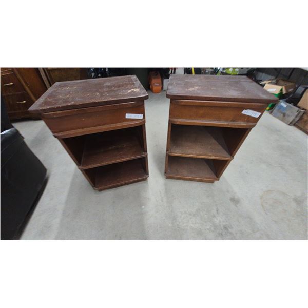 Pair of Vintage Wooden Nightstands with Single Drawer and Two Open Shelves, 30”×16”×20”