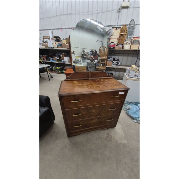 Vintage 1930s-1940s Art Deco Waterfall 3-Drawer Dresser 36”×38”×18” with Scalloped Beveled Mirror