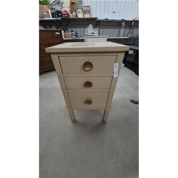 Vintage Wooden 3-Drawer Nightstand with Round Brass Knobs, Painted Cream Finish 28” x 16”×16”