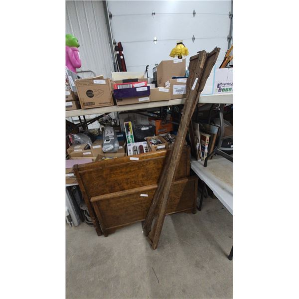 Vintage Burled Wood Veneer Bed Frame with Headboard, Footboard, Side Rails, 46” Wide