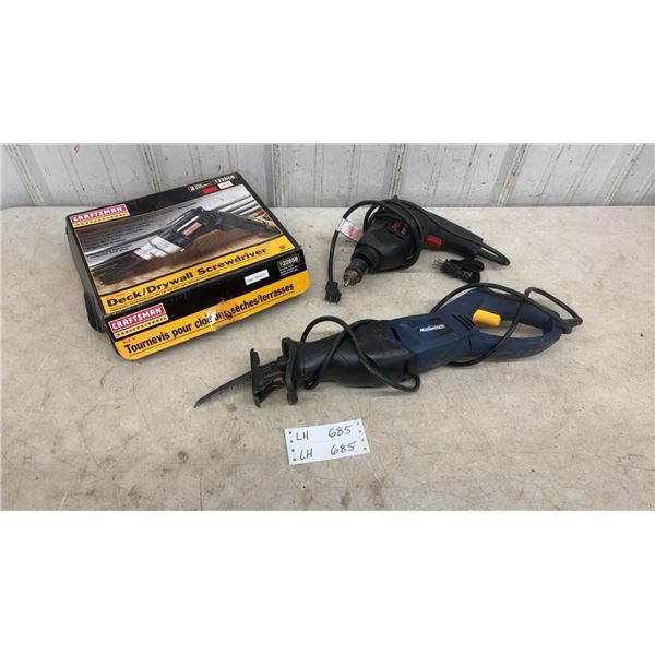 Craftsman Deck/Drywall Screwdriver, Mastercraft Compact Reciprocating Saw and Skil 3/8” Drill