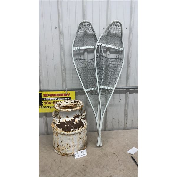 Vintage Milk Can and Pair of Metal Snowshoes