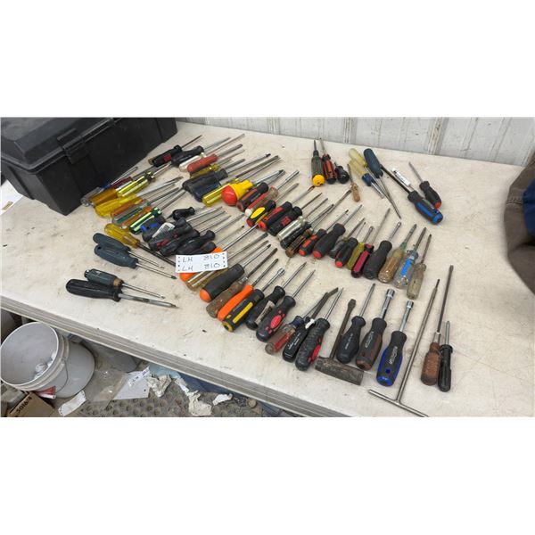 Large Lot of Screwdrivers and Black Plastic Toolbox