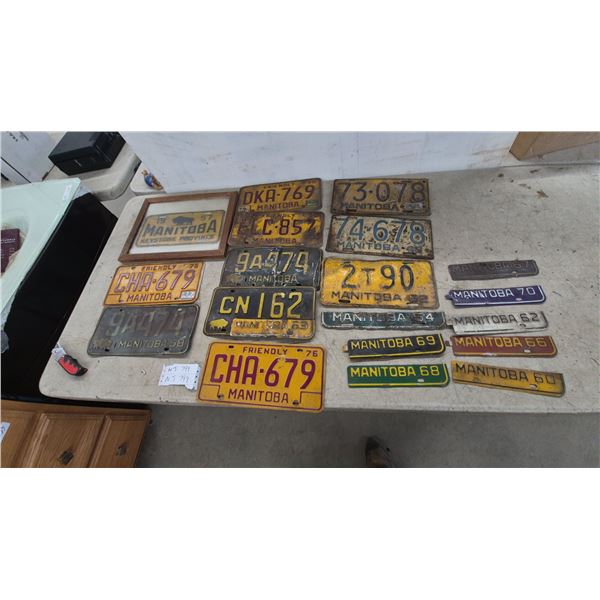 Collection of Vintage Manitoba License Plates, 1950s-1970s, Including Framed 1957 Keystone Province