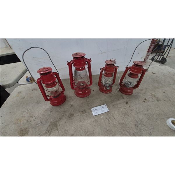 Set of Four Red Metal Hurricane Lanterns with Clear Glass Globes and Wire Handles