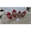 Image 1 : Set of Four Red Metal Hurricane Lanterns with Clear Glass Globes and Wire Handles