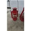 Image 2 : Set of Four Red Metal Hurricane Lanterns with Clear Glass Globes and Wire Handles