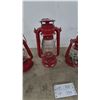 Image 3 : Set of Four Red Metal Hurricane Lanterns with Clear Glass Globes and Wire Handles
