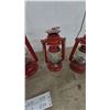 Image 4 : Set of Four Red Metal Hurricane Lanterns with Clear Glass Globes and Wire Handles