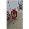 Image 5 : Set of Four Red Metal Hurricane Lanterns with Clear Glass Globes and Wire Handles