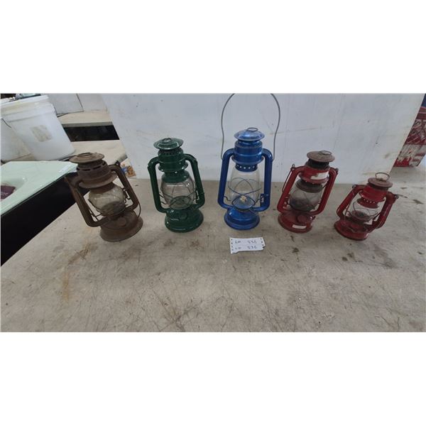 Five Assorted Vintage Kerosene Hurricane Lanterns in Rust, Green, Blue, Red