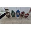 Image 1 : Five Assorted Vintage Kerosene Hurricane Lanterns in Rust, Green, Blue, Red