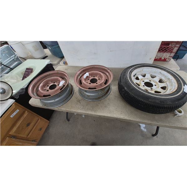 Three 5-Lug Steel Wheels Including Two Vintage Bare Rims and Starfire 155/80R13 Whitewall Tire