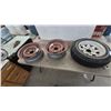Image 1 : Three 5-Lug Steel Wheels Including Two Vintage Bare Rims and Starfire 155/80R13 Whitewall Tire