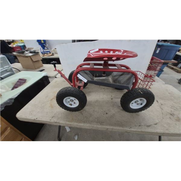 Red Rolling Garden Work Seat with Tractor-Style Seat, Utility Tray, Wire Basket and T-Handle
