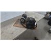 Image 1 : Vintage Belt-Driven Double Bench Grinder With Electric Motor Mounted on Wooden Base
