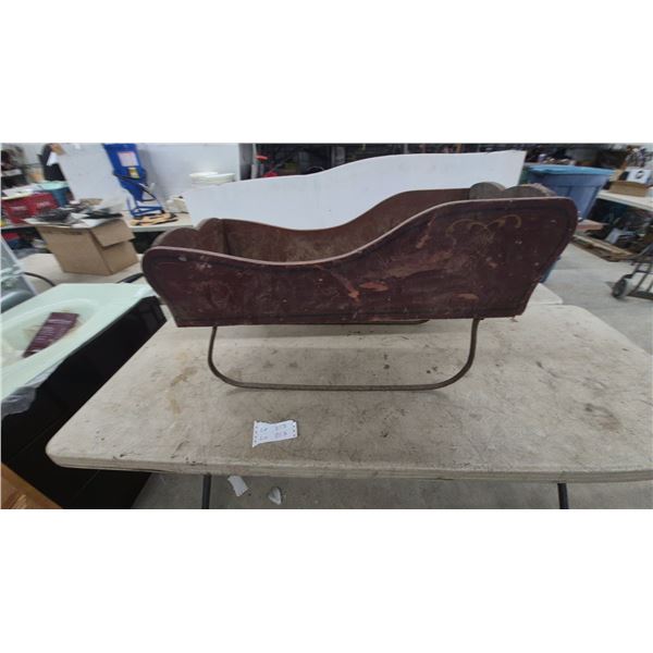 Antique Wooden Sleigh with Curved Metal Runners and Gold Accents 32” Long