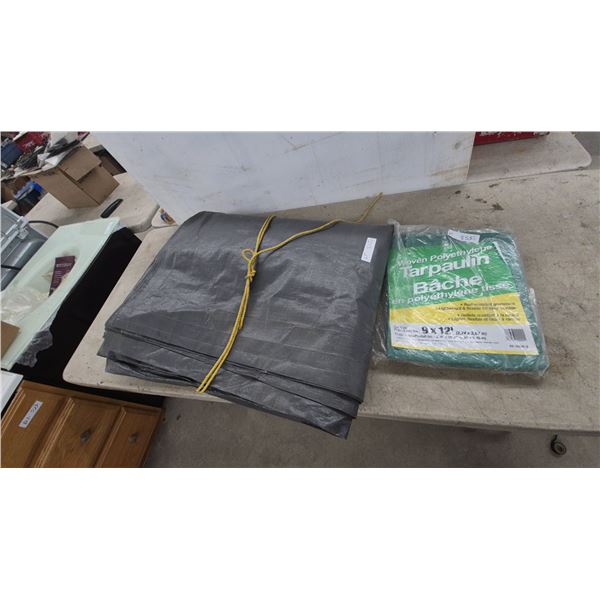 2 Woven Polyethylene Tarpaulins, Green and Grey, One 9' × 12' and One Much Larger