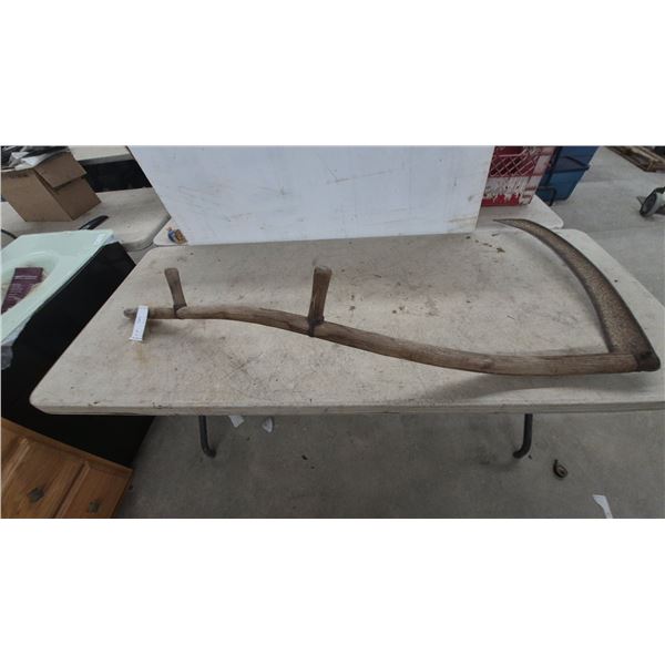 Antique Hand Scythe with Curved Wooden Snath and Two Grips