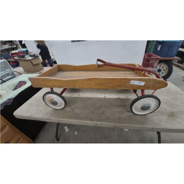 Vintage Wooden Pull Wagon with Red Metal Handle and Chassis, White Wheels