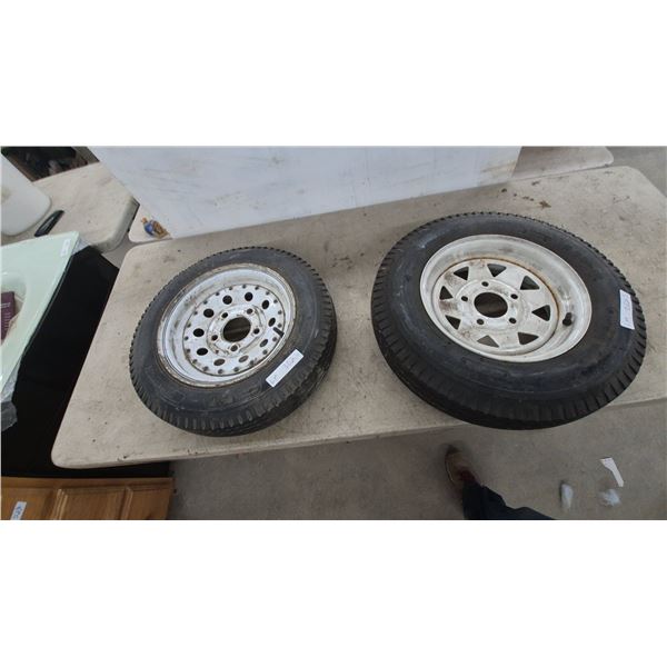 Pair of Trailer Tires on White 5-Lug Steel Rims, 4.80-12 and 5.30-12